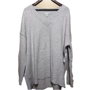 NWT XL Women's Light Gray V-Neck Oversized Sweater Tunic Long Sleeve